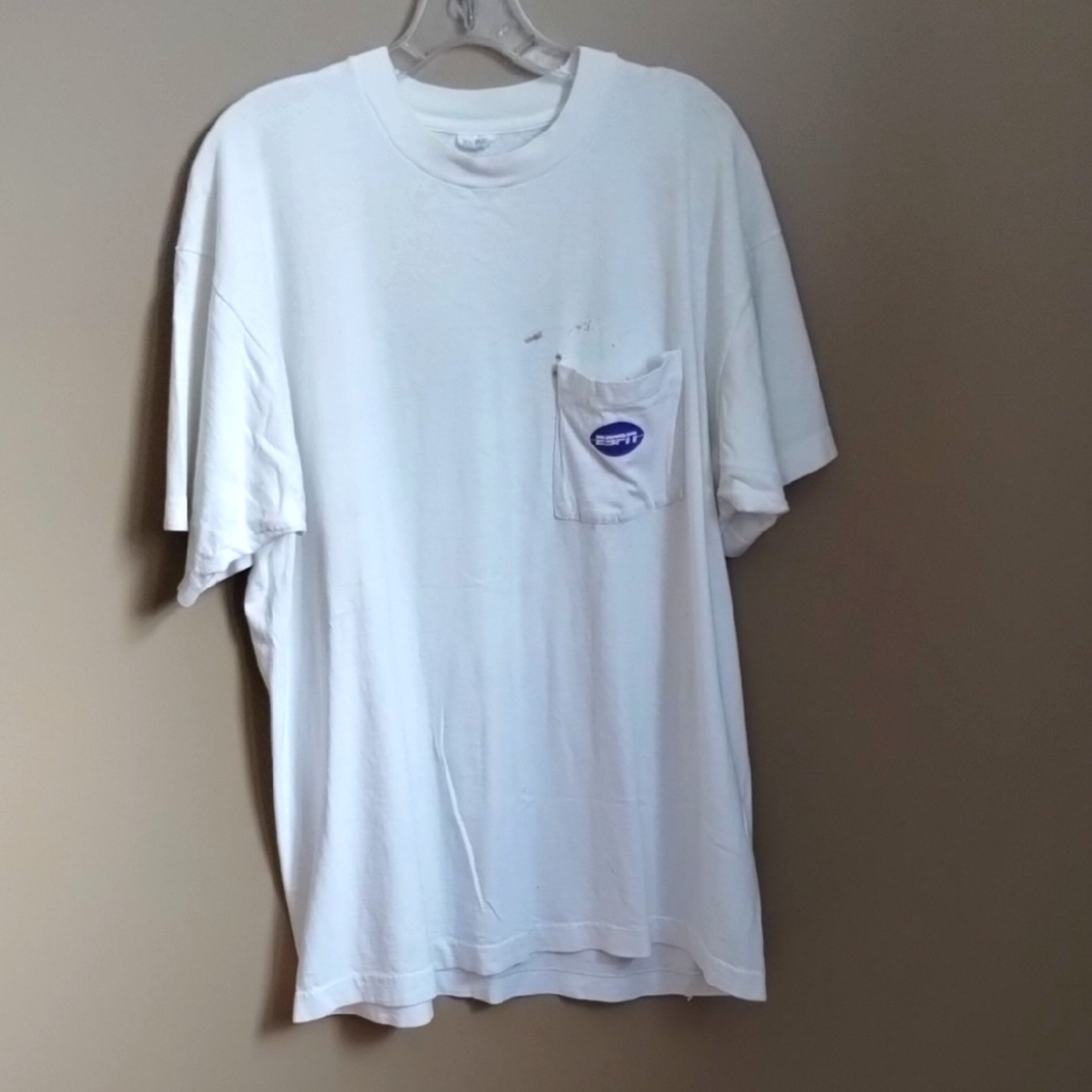 Vtg ESPN Football Frenzy White T-Shirt with Pocket XL Distressed Cotton 90s